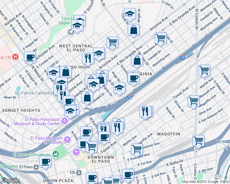 map of restaurants, bars, coffee shops, grocery stores, and more near in El Paso