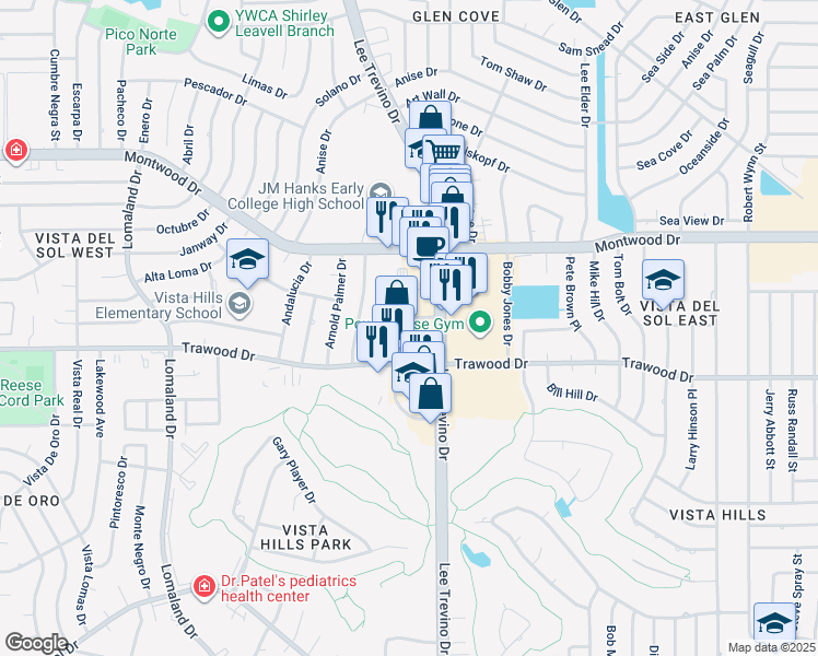 map of restaurants, bars, coffee shops, grocery stores, and more near 10965 Ben Crenshaw Drive in El Paso