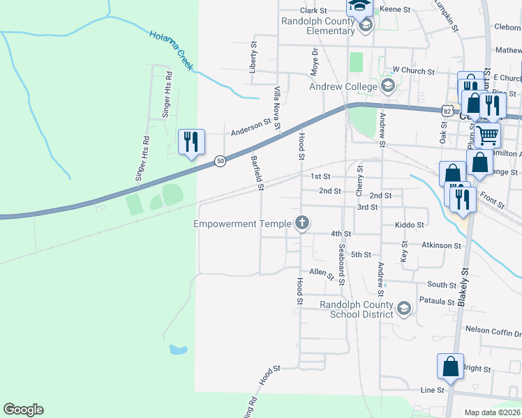map of restaurants, bars, coffee shops, grocery stores, and more near Barfield Street in Cuthbert
