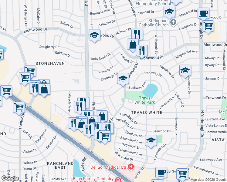 map of restaurants, bars, coffee shops, grocery stores, and more near 10011 Buckwood Avenue in El Paso