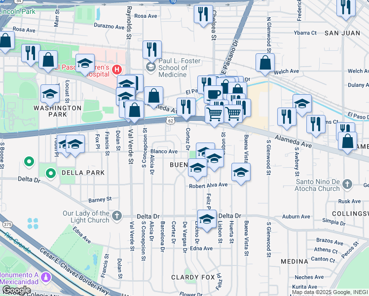 map of restaurants, bars, coffee shops, grocery stores, and more near 201 Cortez Drive in El Paso