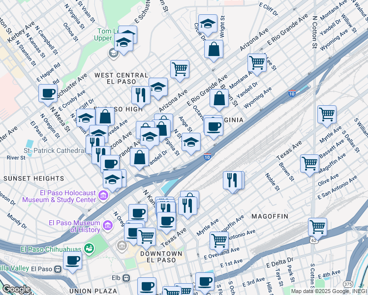 map of restaurants, bars, coffee shops, grocery stores, and more near in El Paso
