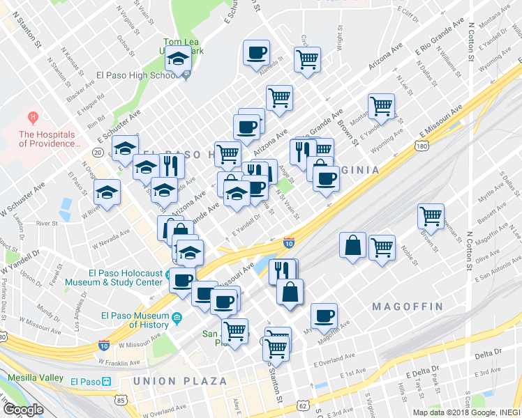 map of restaurants, bars, coffee shops, grocery stores, and more near 720 Montana Avenue in El Paso