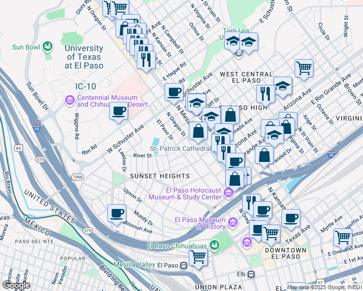 map of restaurants, bars, coffee shops, grocery stores, and more near 1400 North Oregon Street in El Paso