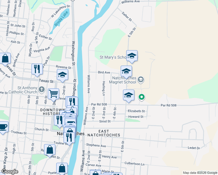 map of restaurants, bars, coffee shops, grocery stores, and more near 943 Harling Lane in Natchitoches