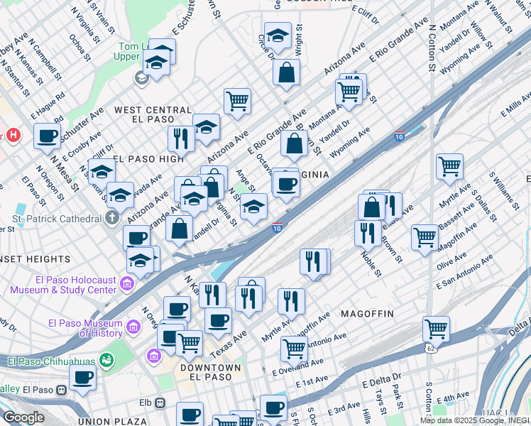 map of restaurants, bars, coffee shops, grocery stores, and more near in El Paso