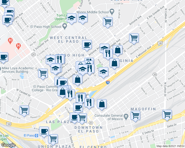 map of restaurants, bars, coffee shops, grocery stores, and more near 720 Montana Avenue in El Paso