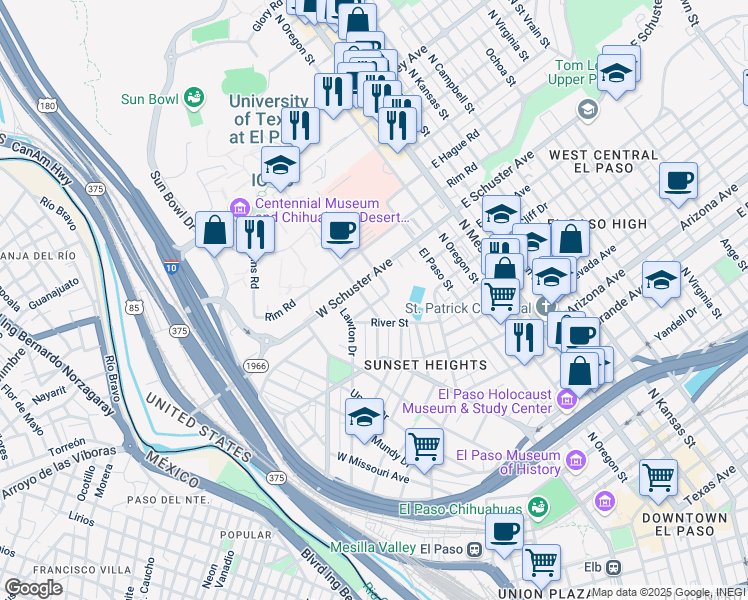 map of restaurants, bars, coffee shops, grocery stores, and more near 1617 Randolph Drive in El Paso
