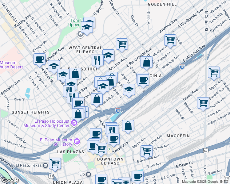 map of restaurants, bars, coffee shops, grocery stores, and more near 801 North Virginia Street in El Paso