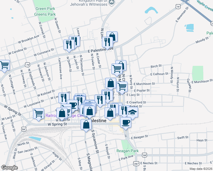 map of restaurants, bars, coffee shops, grocery stores, and more near 300 East Kolstad Street in Palestine