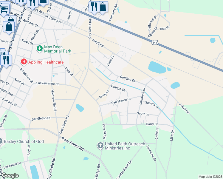 map of restaurants, bars, coffee shops, grocery stores, and more near 250 Orange Street in Baxley