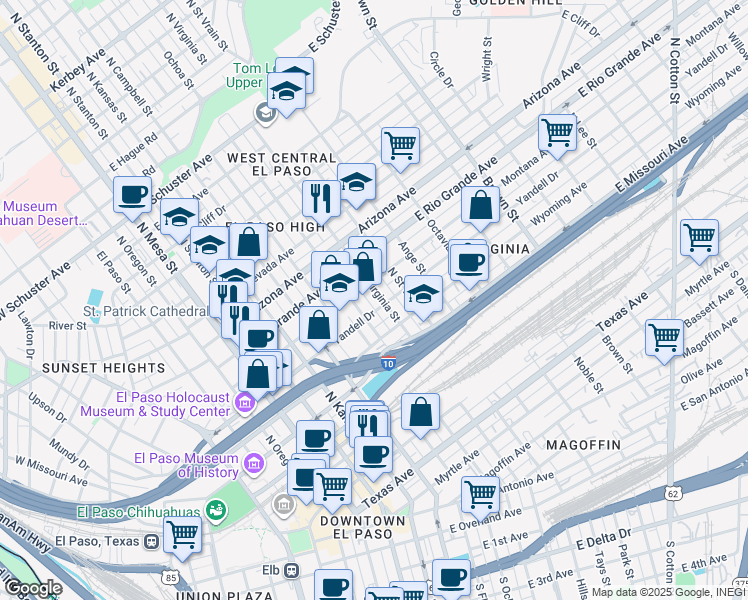 map of restaurants, bars, coffee shops, grocery stores, and more near 720 Montana Avenue in El Paso