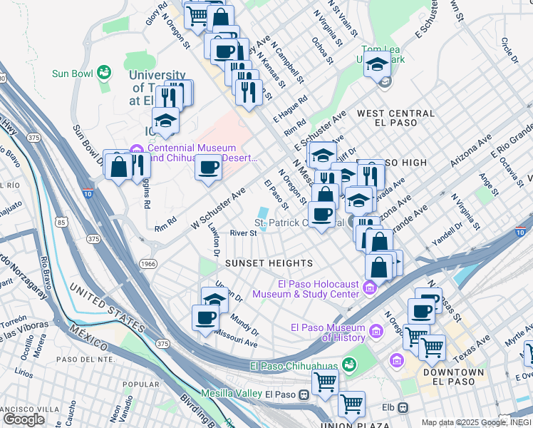 map of restaurants, bars, coffee shops, grocery stores, and more near 1401 Los Angeles Drive in El Paso