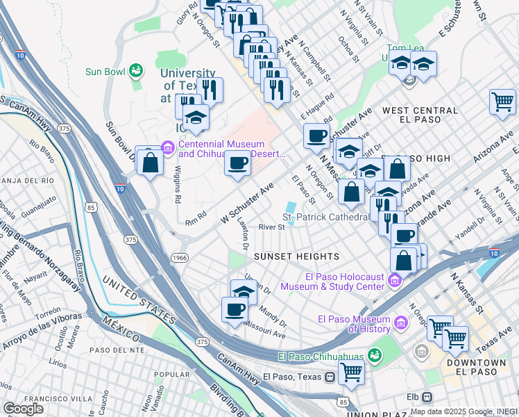 map of restaurants, bars, coffee shops, grocery stores, and more near 1617 Randolph Drive in El Paso