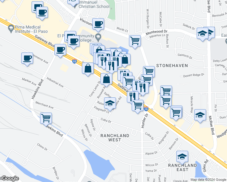 map of restaurants, bars, coffee shops, grocery stores, and more near 7248 Gateway Boulevard East in El Paso