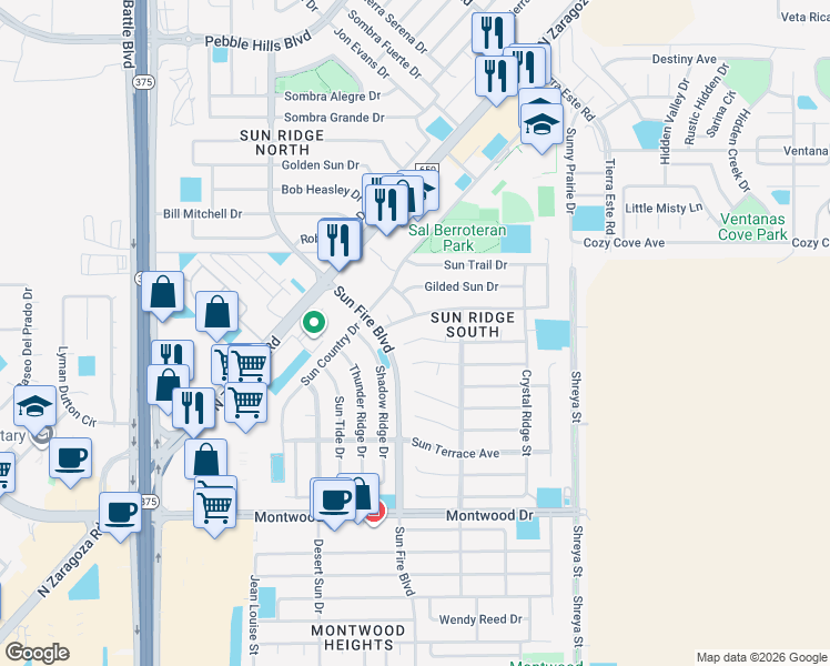 map of restaurants, bars, coffee shops, grocery stores, and more near 12525 Sun Flare Drive in El Paso