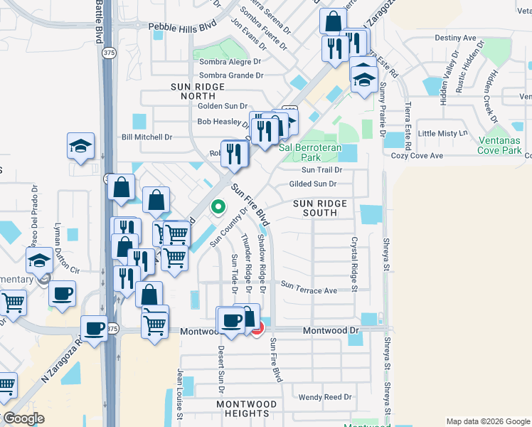 map of restaurants, bars, coffee shops, grocery stores, and more near 2071 Sun Sweet Way in El Paso