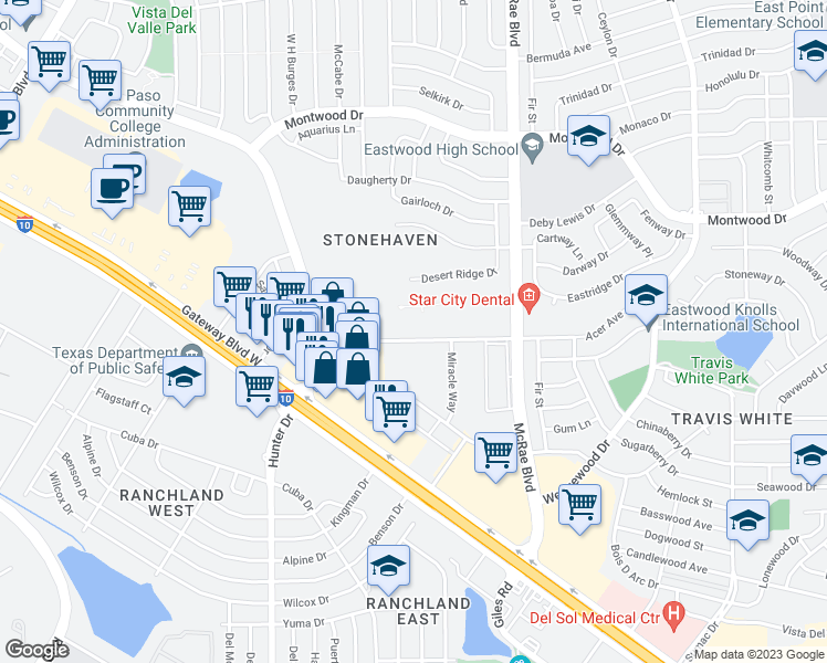 map of restaurants, bars, coffee shops, grocery stores, and more near 9535 Acer Avenue in El Paso