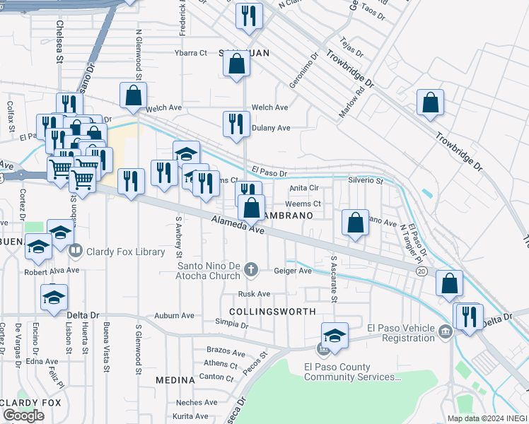 map of restaurants, bars, coffee shops, grocery stores, and more near 25 North Pendell Road in El Paso