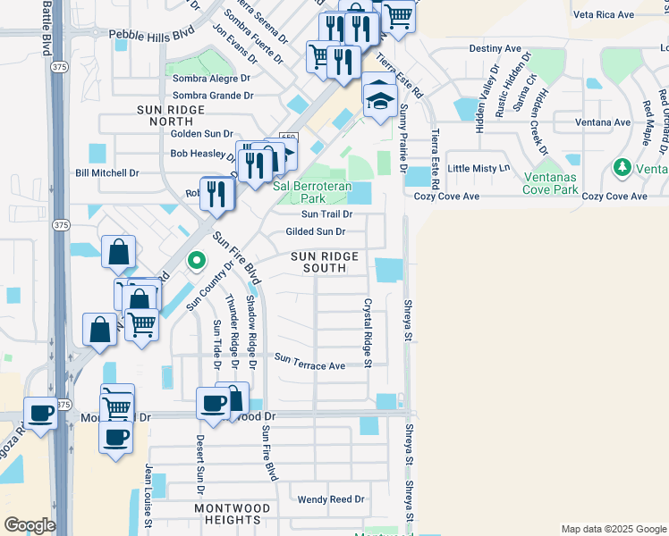 map of restaurants, bars, coffee shops, grocery stores, and more near 2074 Sun Spring Way in El Paso