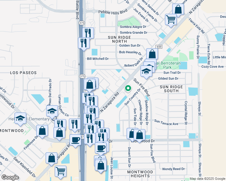 map of restaurants, bars, coffee shops, grocery stores, and more near 2140 Zaragoza Rd in El Paso