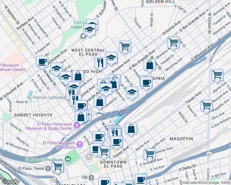 map of restaurants, bars, coffee shops, grocery stores, and more near 720 Montana Avenue in El Paso
