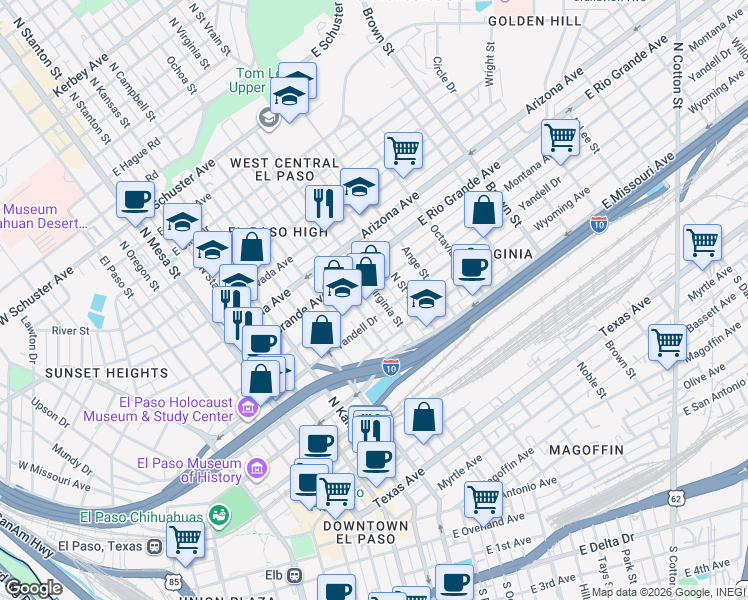 map of restaurants, bars, coffee shops, grocery stores, and more near 813 North Virginia Street in El Paso