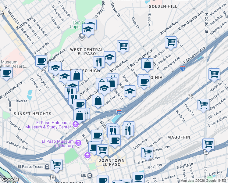map of restaurants, bars, coffee shops, grocery stores, and more near 813 North Virginia Street in El Paso