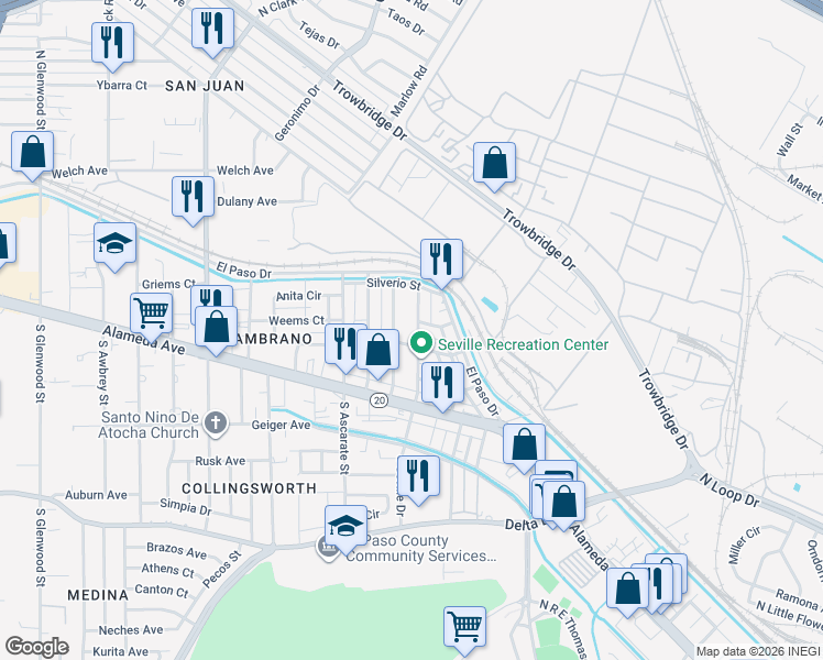 map of restaurants, bars, coffee shops, grocery stores, and more near 216 Toledo Place in El Paso