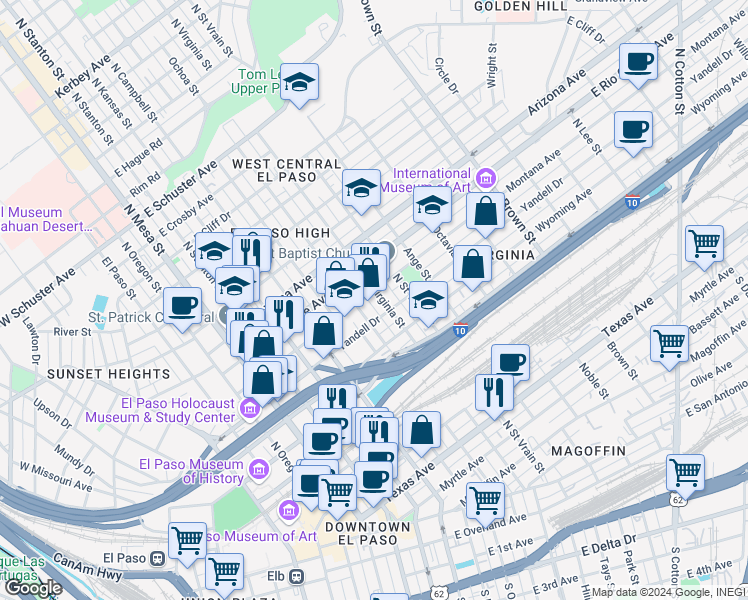 map of restaurants, bars, coffee shops, grocery stores, and more near 720 Montana Avenue in El Paso