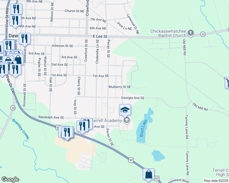 map of restaurants, bars, coffee shops, grocery stores, and more near 474 Pecan Street Southeast in Dawson