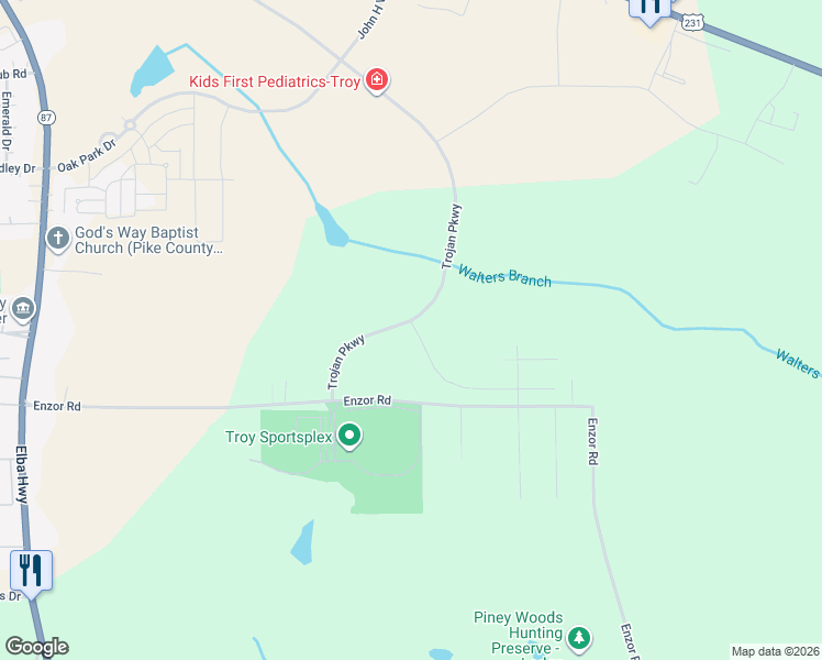 map of restaurants, bars, coffee shops, grocery stores, and more near Trojan Parkway in Troy