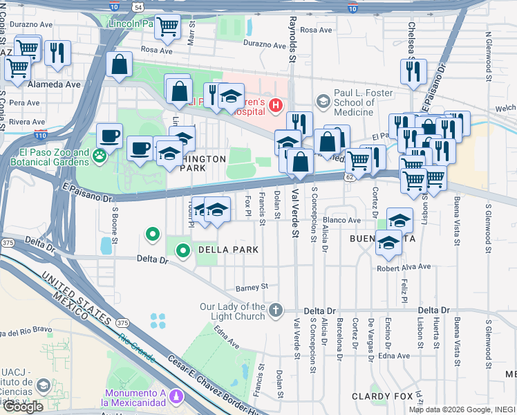 map of restaurants, bars, coffee shops, grocery stores, and more near 511 Fox Place in El Paso