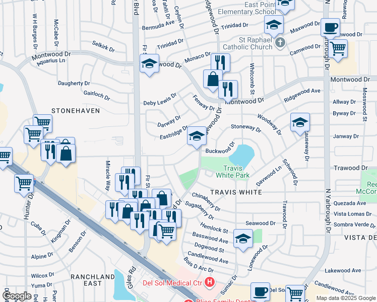 map of restaurants, bars, coffee shops, grocery stores, and more near 10011 Buckwood Avenue in El Paso