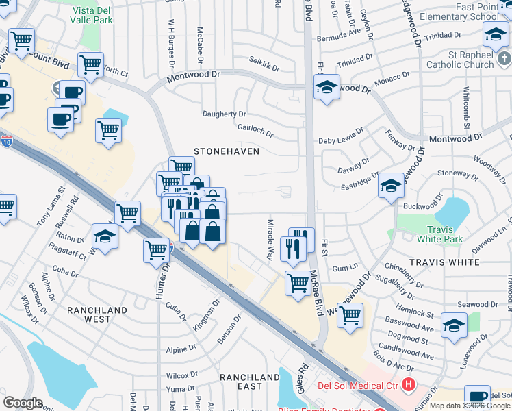 map of restaurants, bars, coffee shops, grocery stores, and more near 9535 Acer Avenue in El Paso