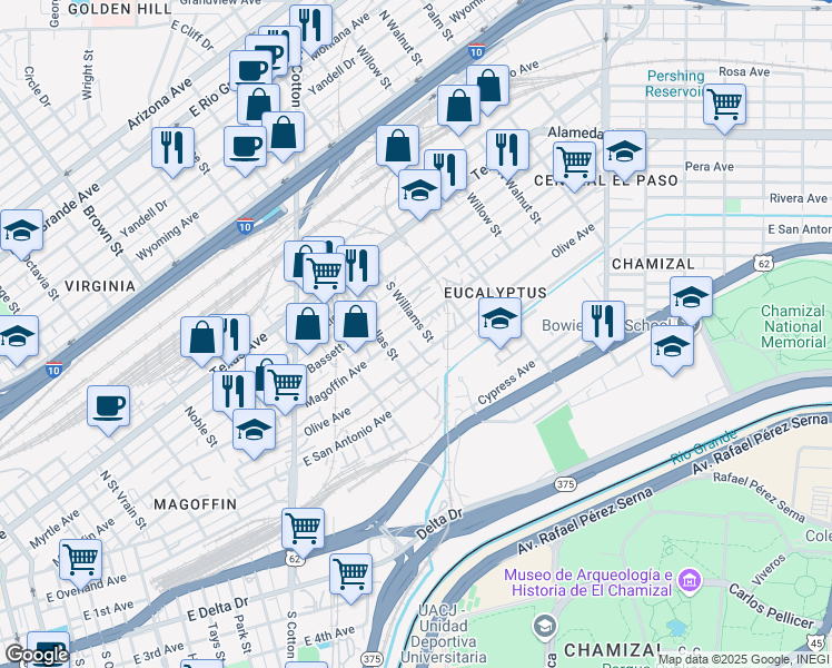 map of restaurants, bars, coffee shops, grocery stores, and more near 1806 Magoffin Avenue in El Paso