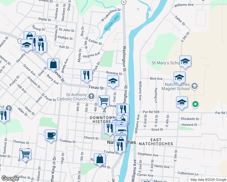 map of restaurants, bars, coffee shops, grocery stores, and more near 199 Texas Street in Natchitoches