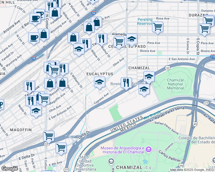 map of restaurants, bars, coffee shops, grocery stores, and more near 292 South Eucalyptus Street in El Paso
