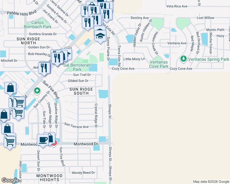 map of restaurants, bars, coffee shops, grocery stores, and more near 2100 Shreya Street in El Paso