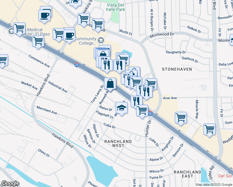 map of restaurants, bars, coffee shops, grocery stores, and more near 7248 Gateway Boulevard East in El Paso