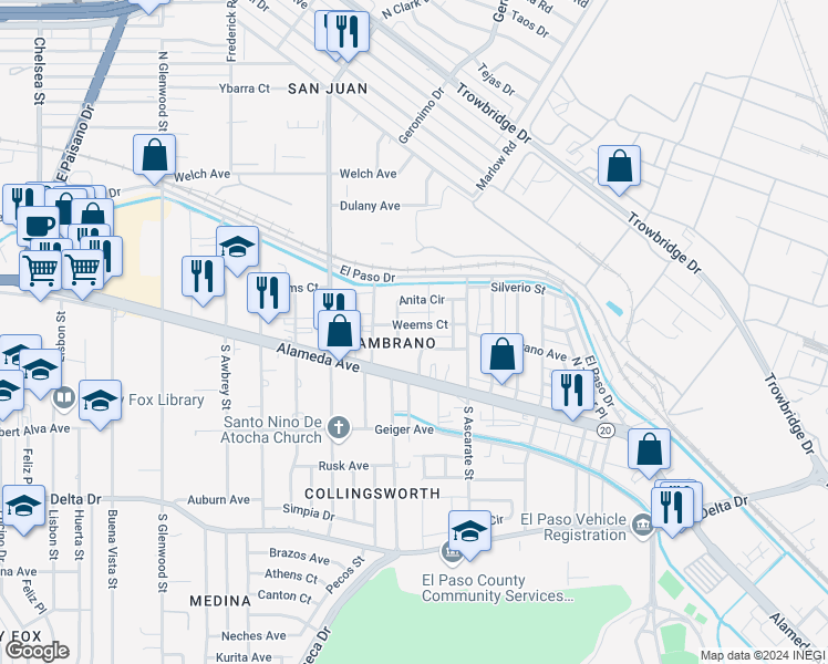 map of restaurants, bars, coffee shops, grocery stores, and more near 6202 Weems Court in El Paso