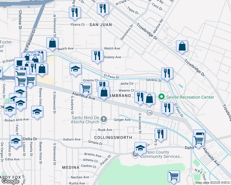 map of restaurants, bars, coffee shops, grocery stores, and more near 25 North Pendell Road in El Paso