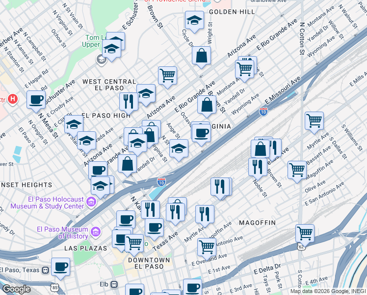 map of restaurants, bars, coffee shops, grocery stores, and more near 917 Wyoming Avenue in El Paso
