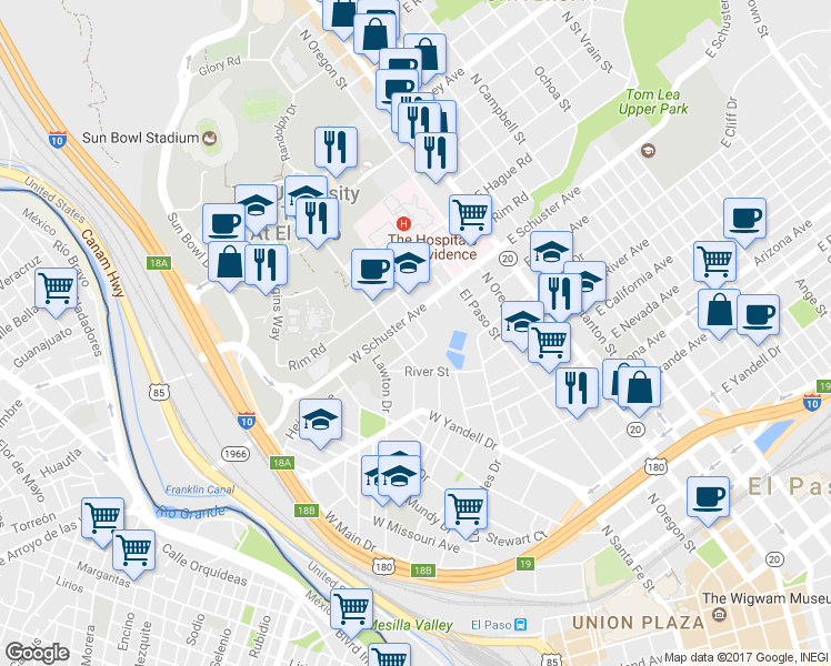 map of restaurants, bars, coffee shops, grocery stores, and more near 1617 Randolph Drive in El Paso