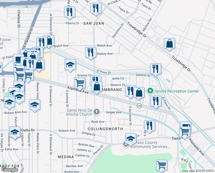 map of restaurants, bars, coffee shops, grocery stores, and more near 25 North Pendell Road in El Paso