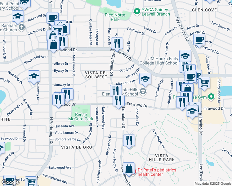 map of restaurants, bars, coffee shops, grocery stores, and more near 10739 Adauto Court in El Paso