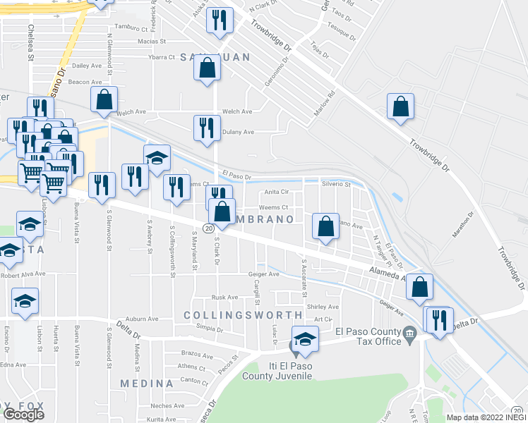 map of restaurants, bars, coffee shops, grocery stores, and more near 6202 Weems Court in El Paso