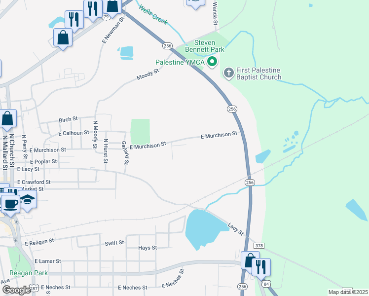 map of restaurants, bars, coffee shops, grocery stores, and more near 1800 East Murchison Street in Palestine