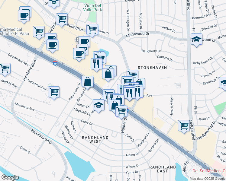 map of restaurants, bars, coffee shops, grocery stores, and more near 9101 Gateway Boulevard West in El Paso
