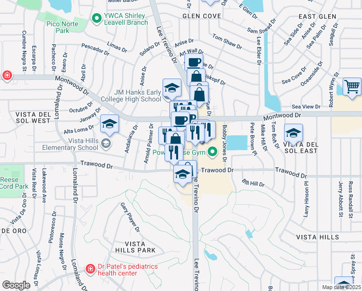 map of restaurants, bars, coffee shops, grocery stores, and more near 10965 Ben Crenshaw Drive in El Paso